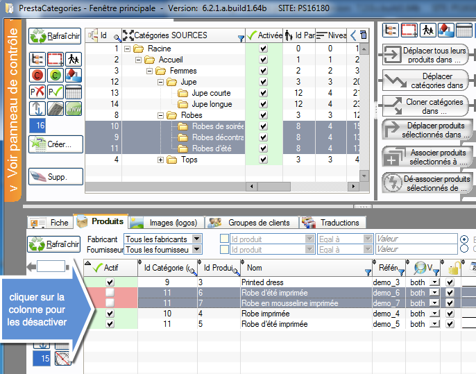 Activer et désactiver des produits dans PrestaCatégories 