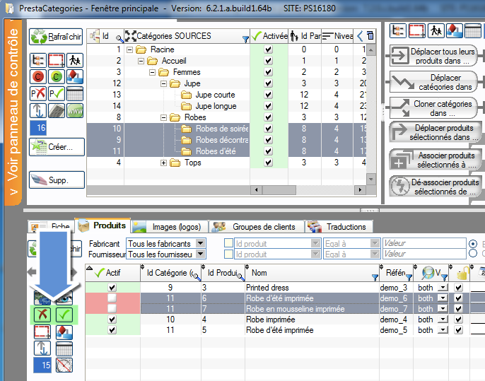 Activer et désactiver des produits dans PrestaCatégories 