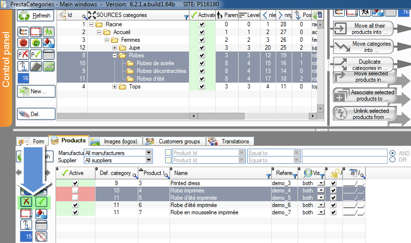 Enable and disable products in PrestaCategories