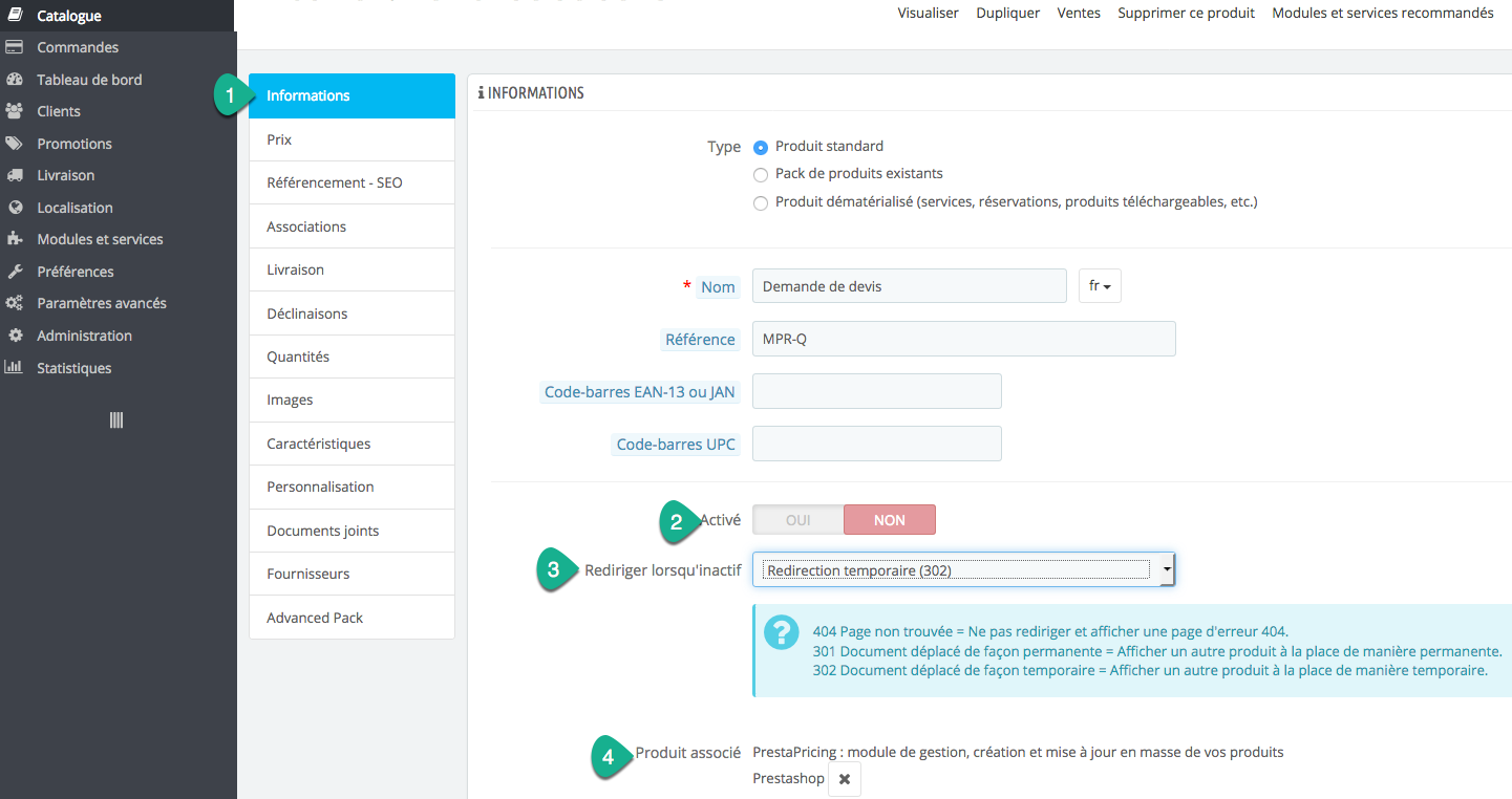redirection des produits inactifs via le back office de PrestaShop