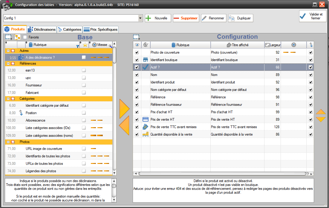 Outil de configuration des vues ou colonnes