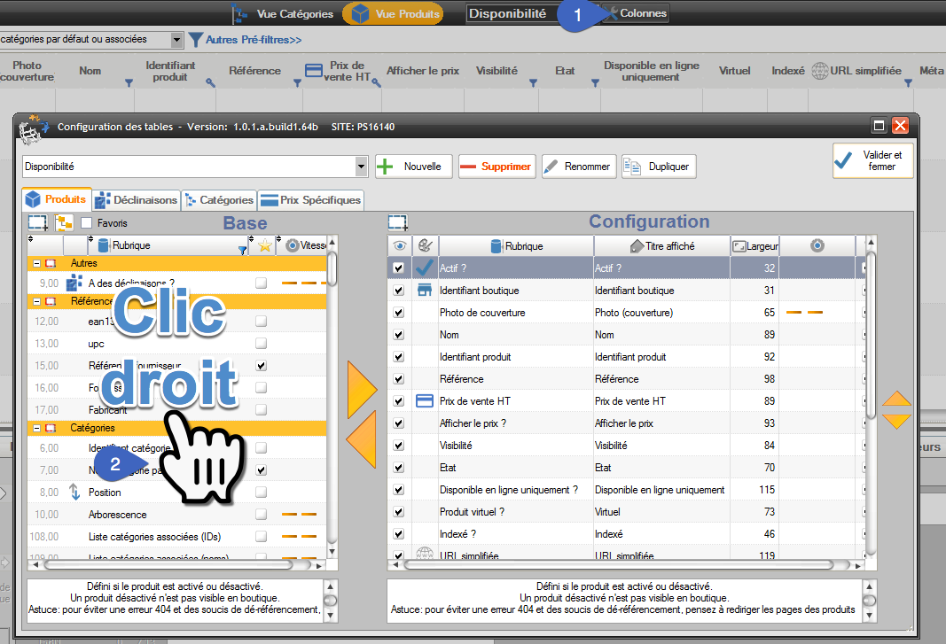 Configurateur des tables de Merlin Backoffice