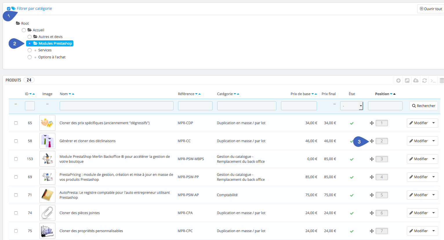 Modifier l'ordre des produits dans l'admin
