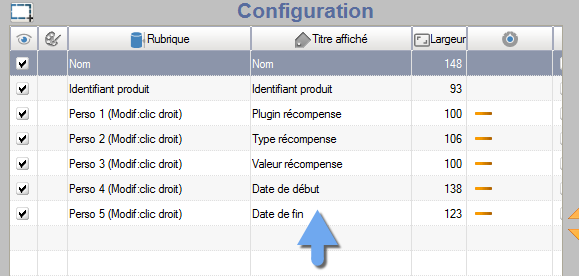 Edition des titres des colonnes
