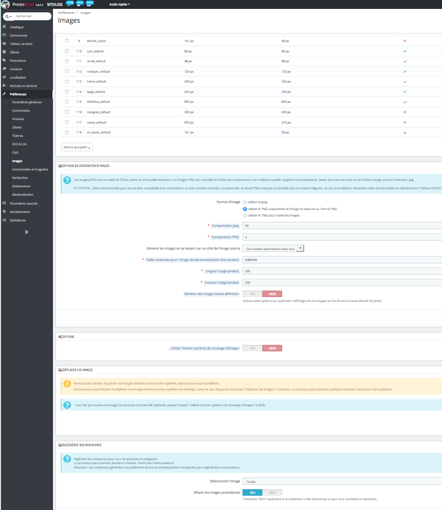 Page Préférences/imges de PrestaShop