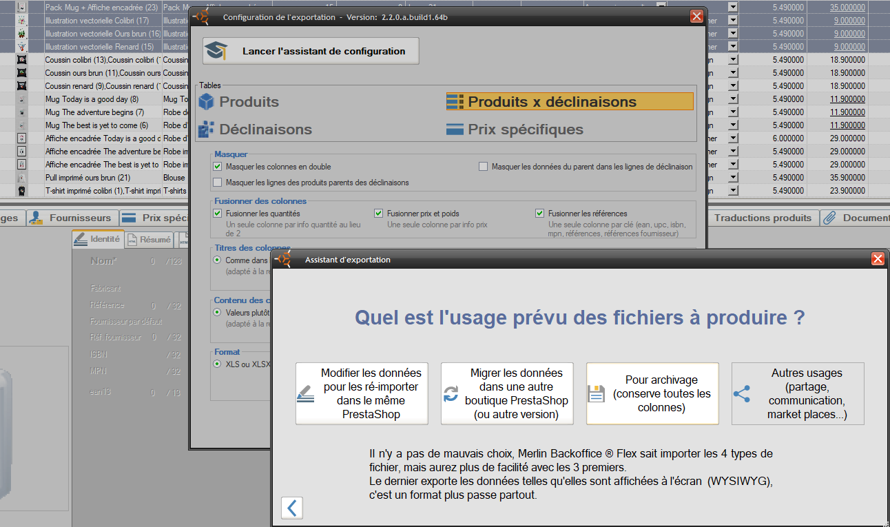 Wizard facilitant les exportations combinant produits et déclinaisons