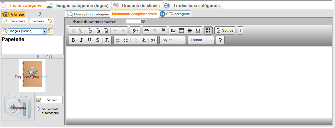 Editeur HTML pour la rubrique Information complémentaire des catégories PrestaShop