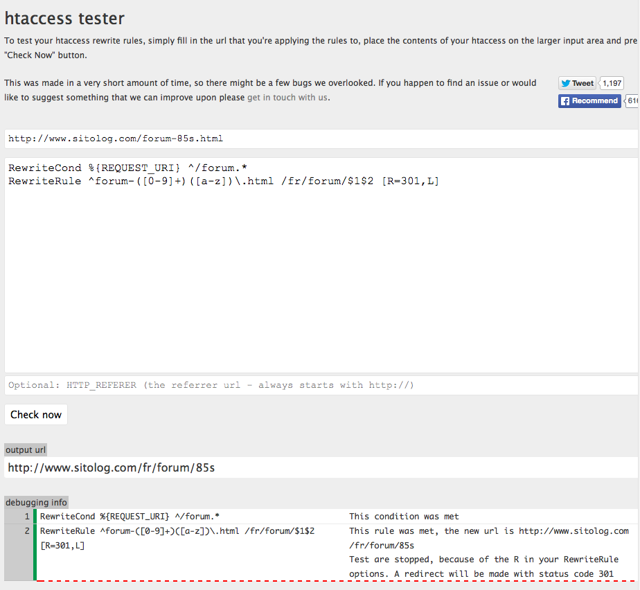 Validte your rewritte rules with htaccess tester .htAccess