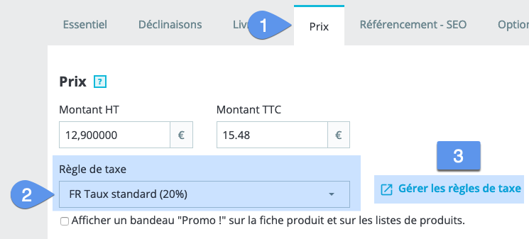 Choisir une règles de taxe dans la fiche produit