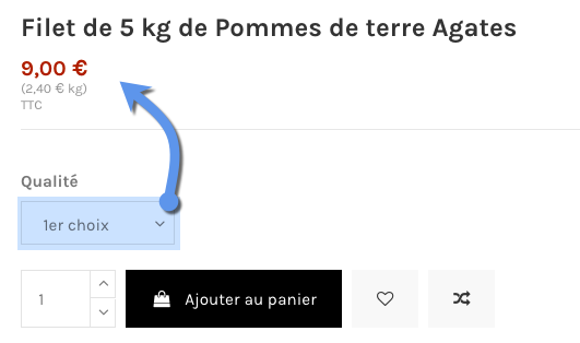 Prix au kilo qui change quand on choisi une autre déclinaison