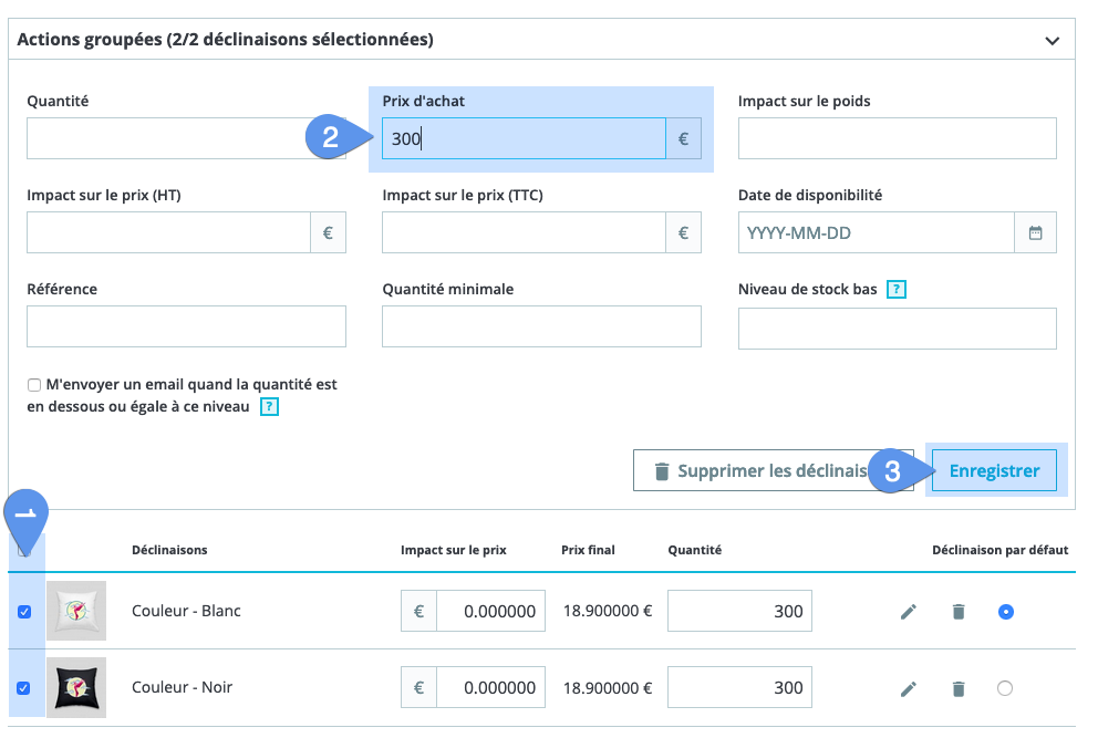 Actions groupées dans PrestaShop sur les prix d'achat des déclinaisons