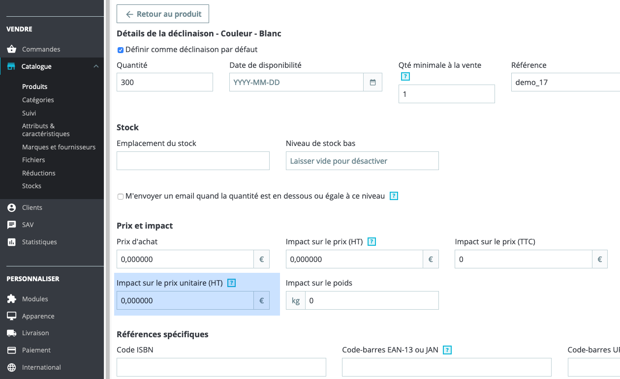 Impact sur le prix unitaire dans la fiche d'édition d'une déclinaison dans l'admin PrestaShop 1.7