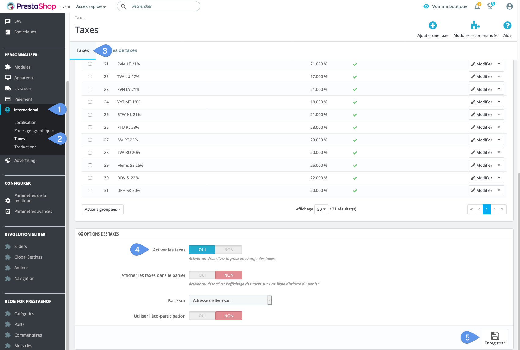 Activation des taxes depuis l'admin PrestaShop