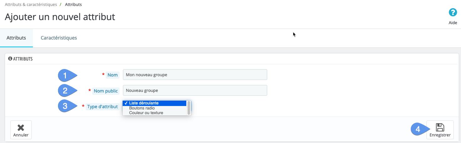 PrestaShop attribute group creation and modification form