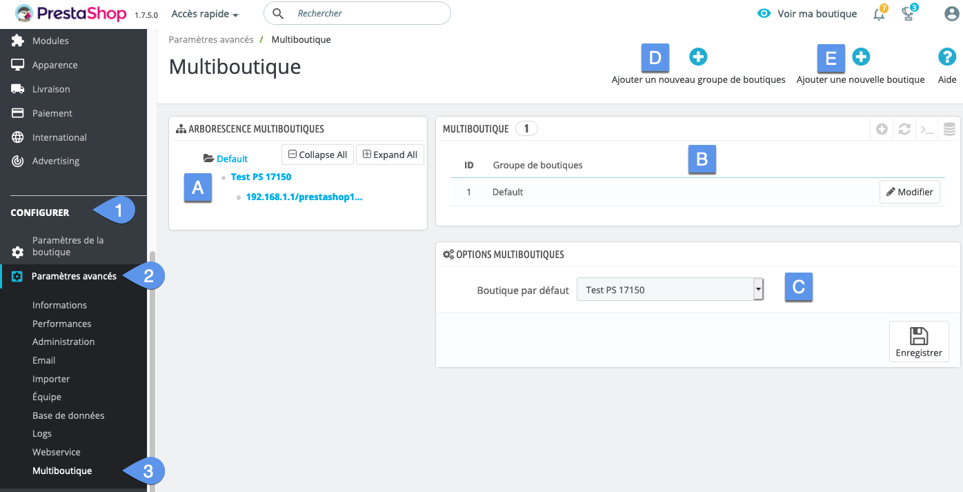 Intrfacede gestion du multiboutique PrestaShop 1.7