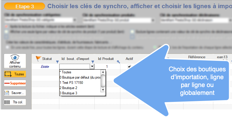 Choix des boutiques d'importation 