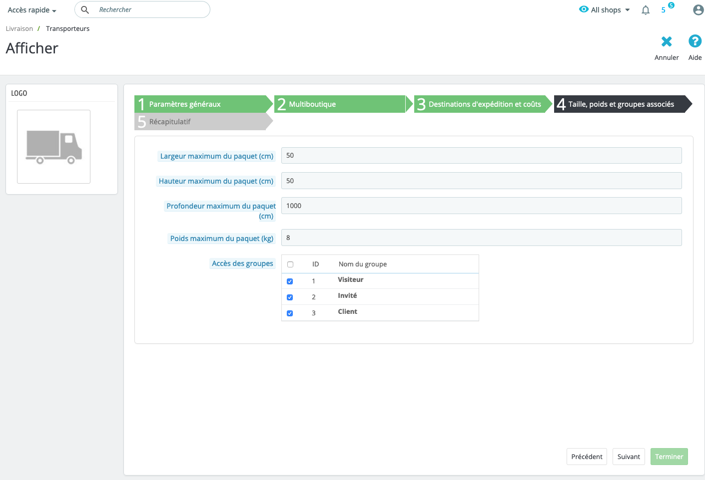 Define maximum package dimensions accepted by carrier