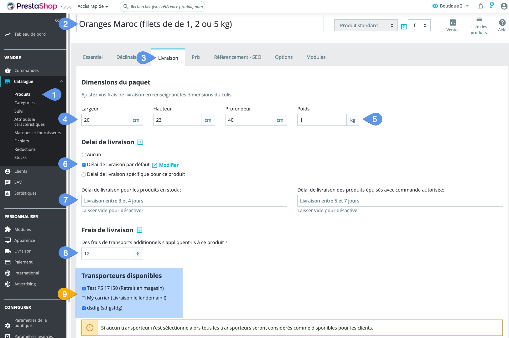 Fill in the delivery parameters for a product
