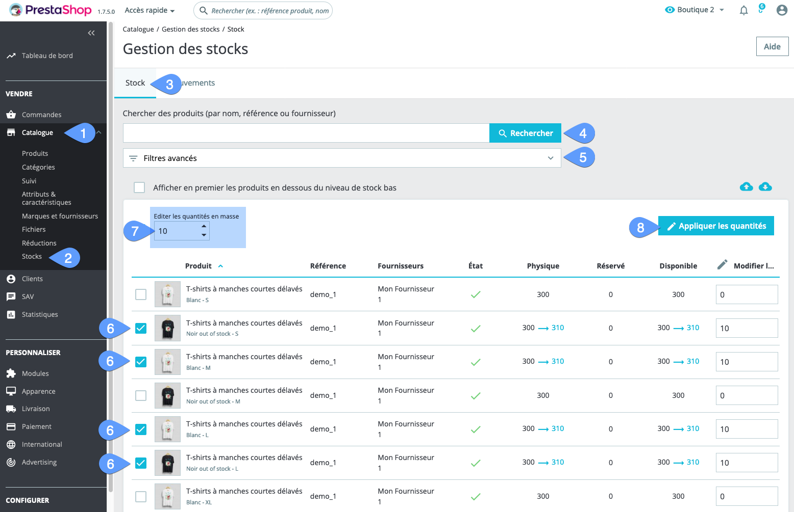 Comment augmenter ou diminuer la quantité en stock en masse pour une sélection de produits dans PrestaShop 1.7