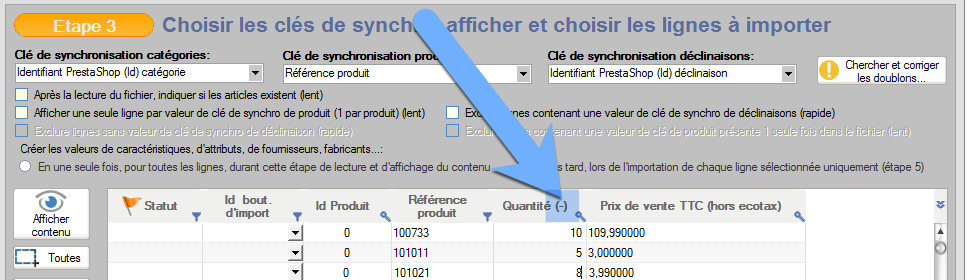 Step 3 of import in "decrease quantities" mode