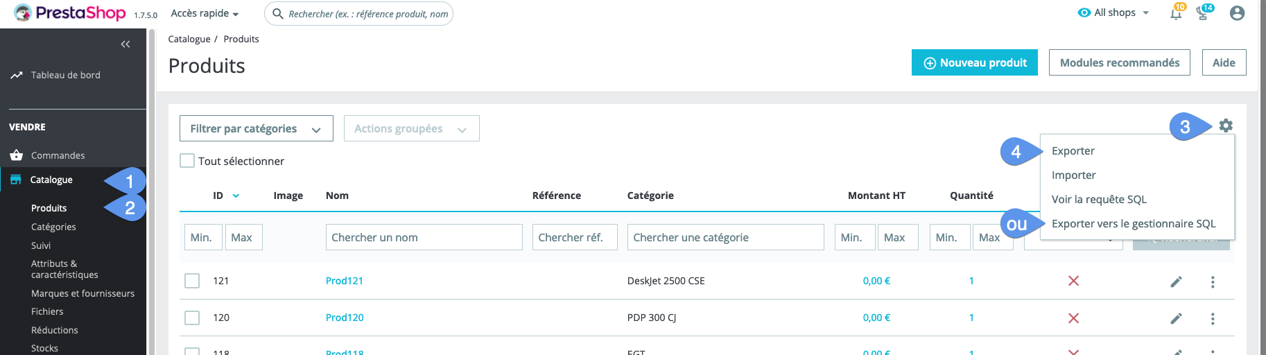 Exportation des produits PrestaShop