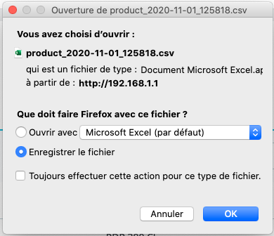 Choix du nom du fichier d'export
