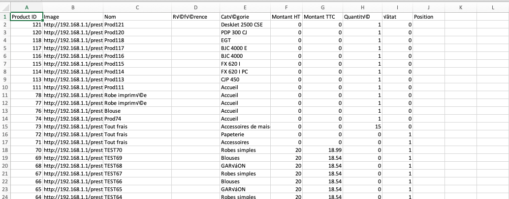 Contenu du fichier d'exportation des produits de PrestaShop