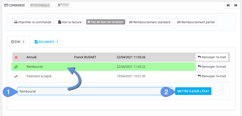 Changer le statut d'une commande en "Remboursée"
