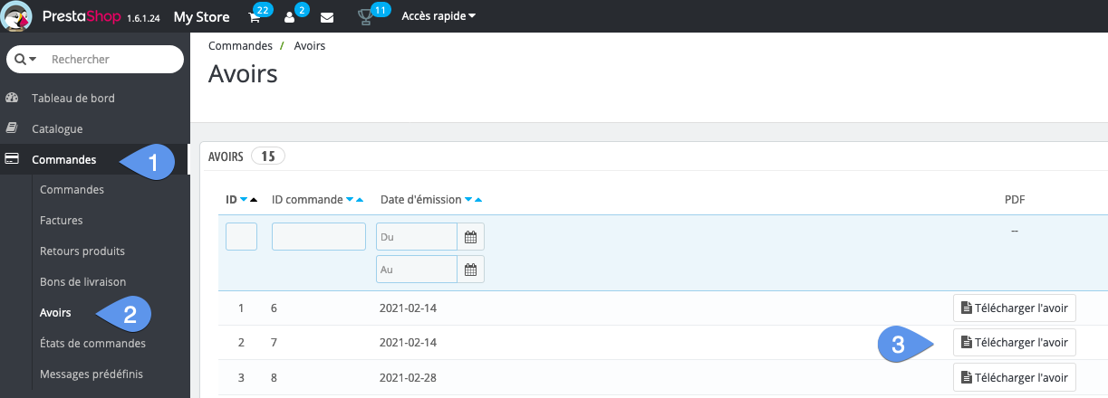 Ou trouver les avoirs dans PrestaShop