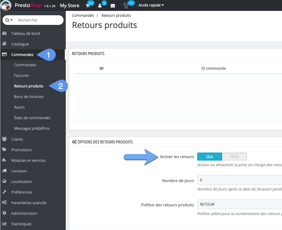 Activation des retours produits