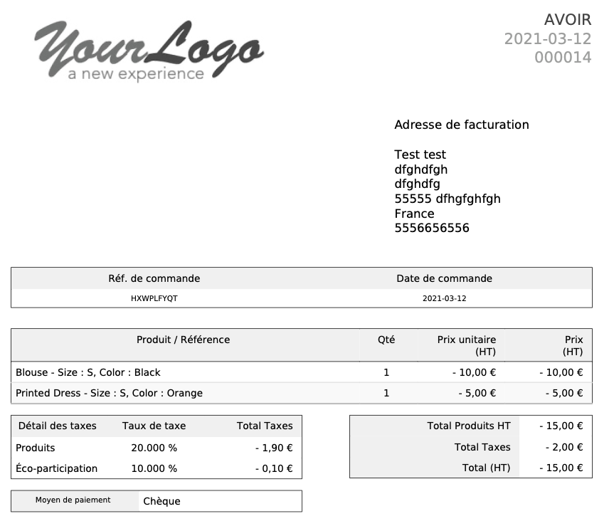 Example of a PDF credit note