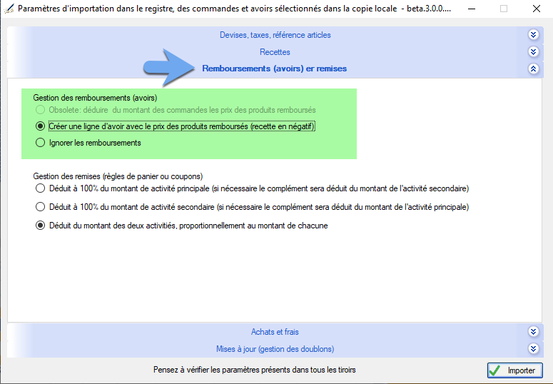 Option d'importation des avoirs
