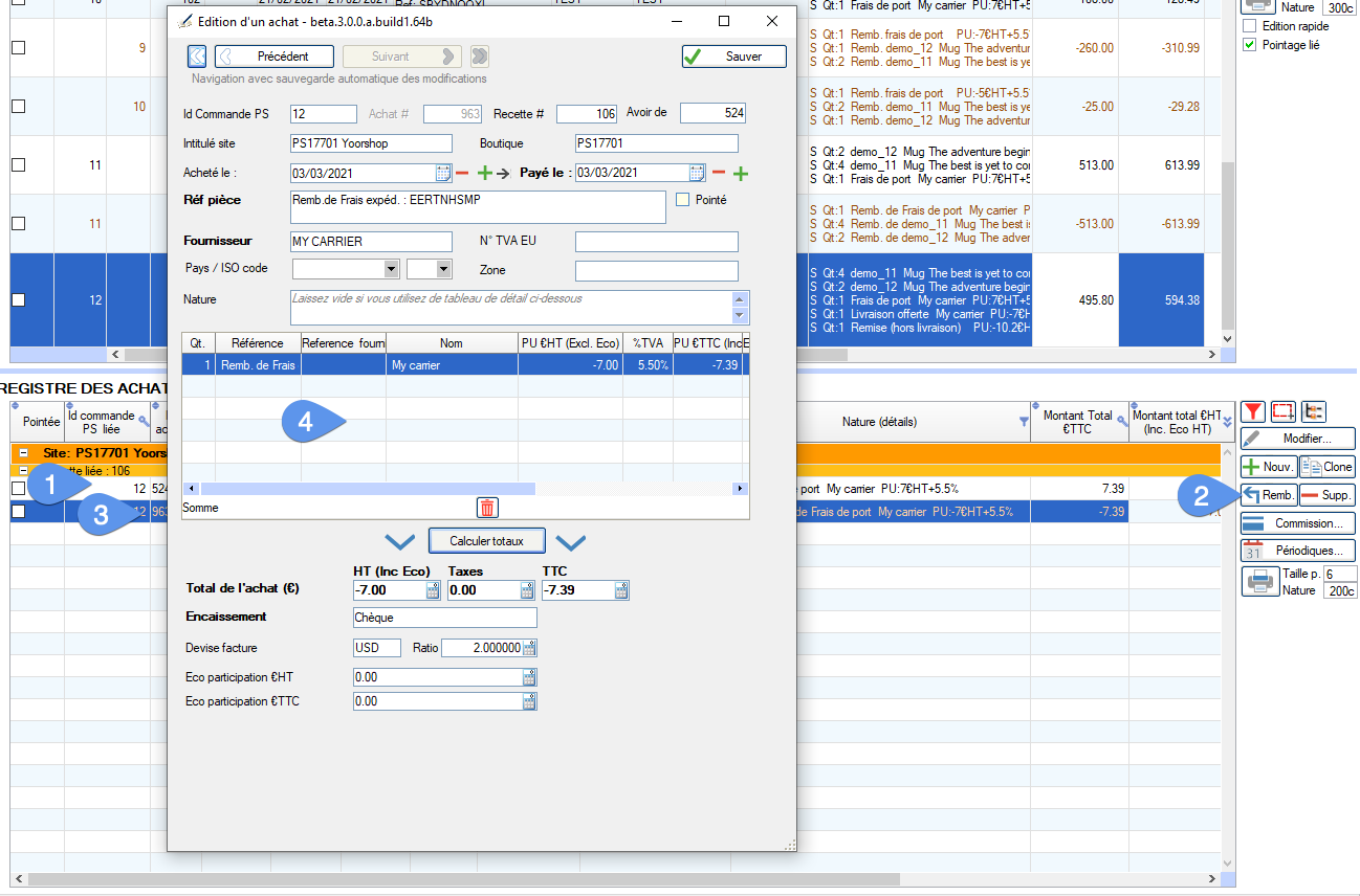 Editing a refund or credit note in the purchase register