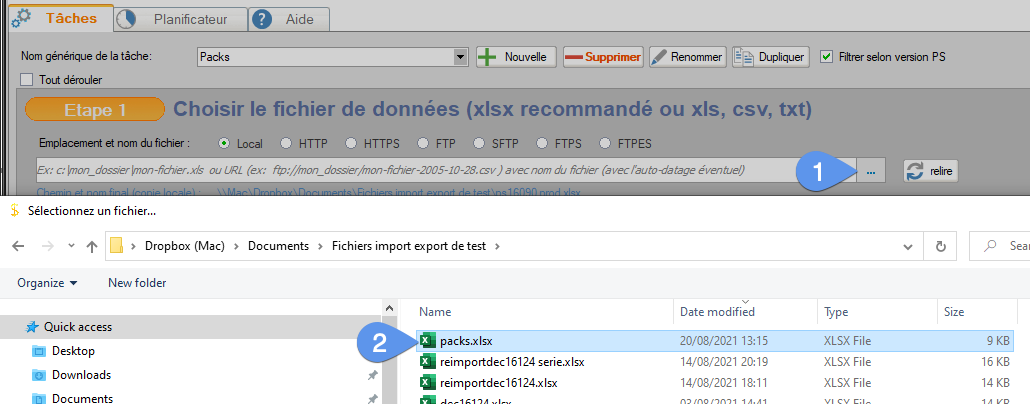 Choix du fichier d'import de packs