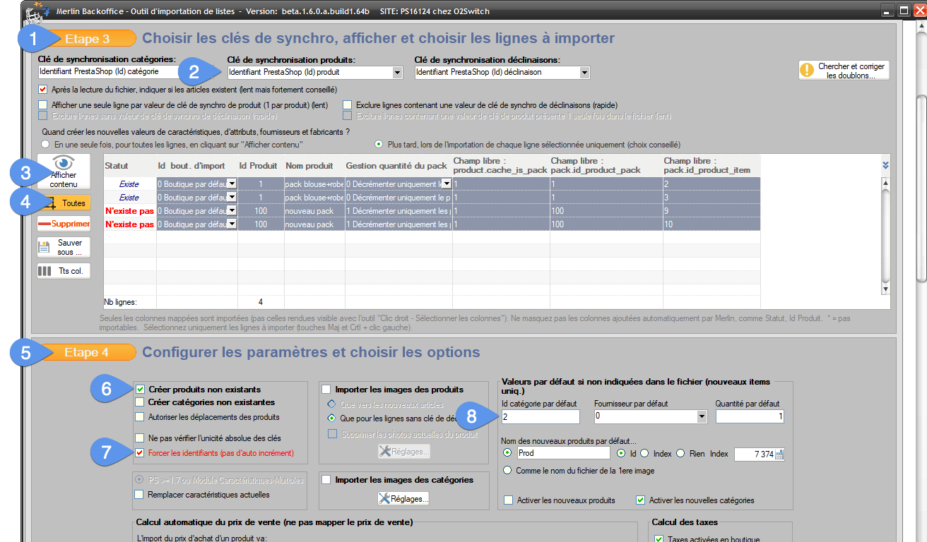 Réglages des options d'import d'un pack de produits
