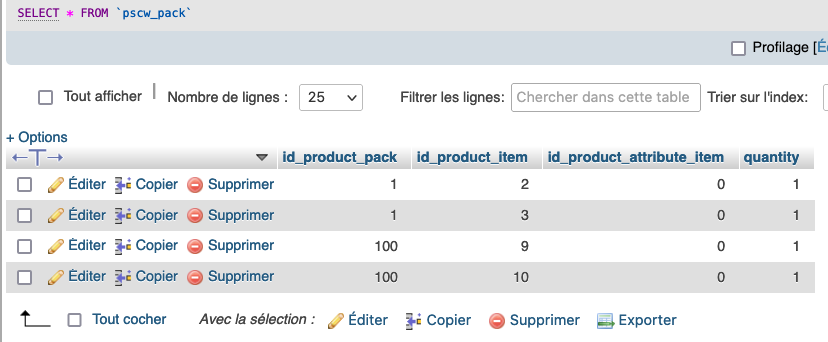 Vérification du contenu de la table ps_pack dans la base de données
