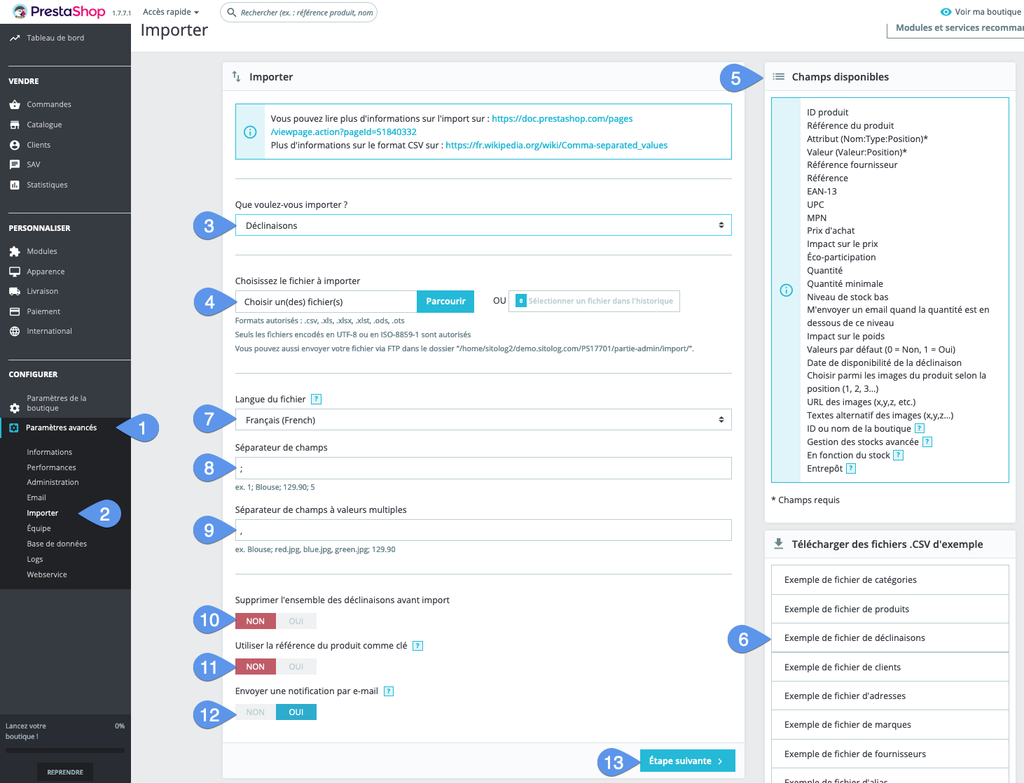 step-by-step import of variations into PrestaShop 1.6 or 1.7