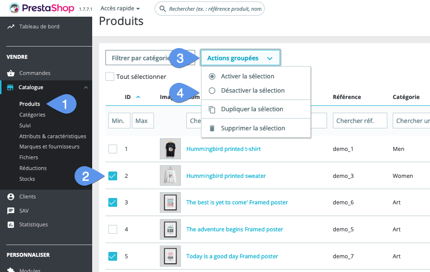 Actions groupées produits dans PrestaShop