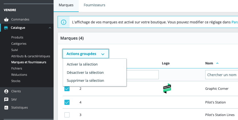 Actions groupées marques et fournisseurs PrestaShop