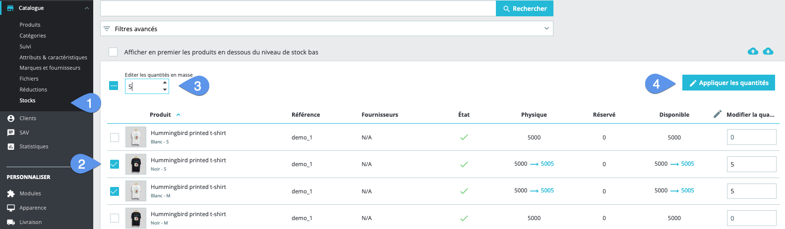 Actions groupées quantités produits non déclinés