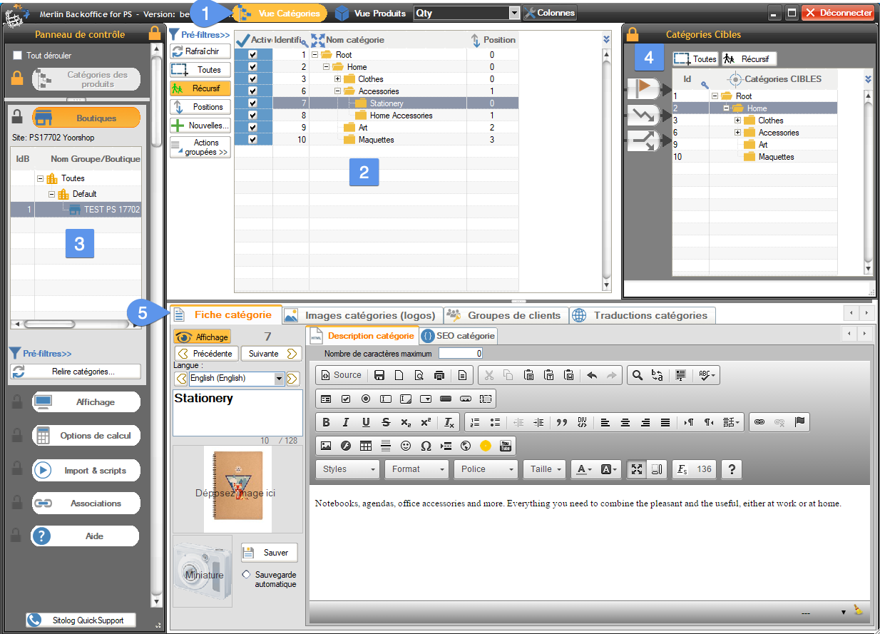 Interface du module d'édition de masse des catégories de Merlin back office