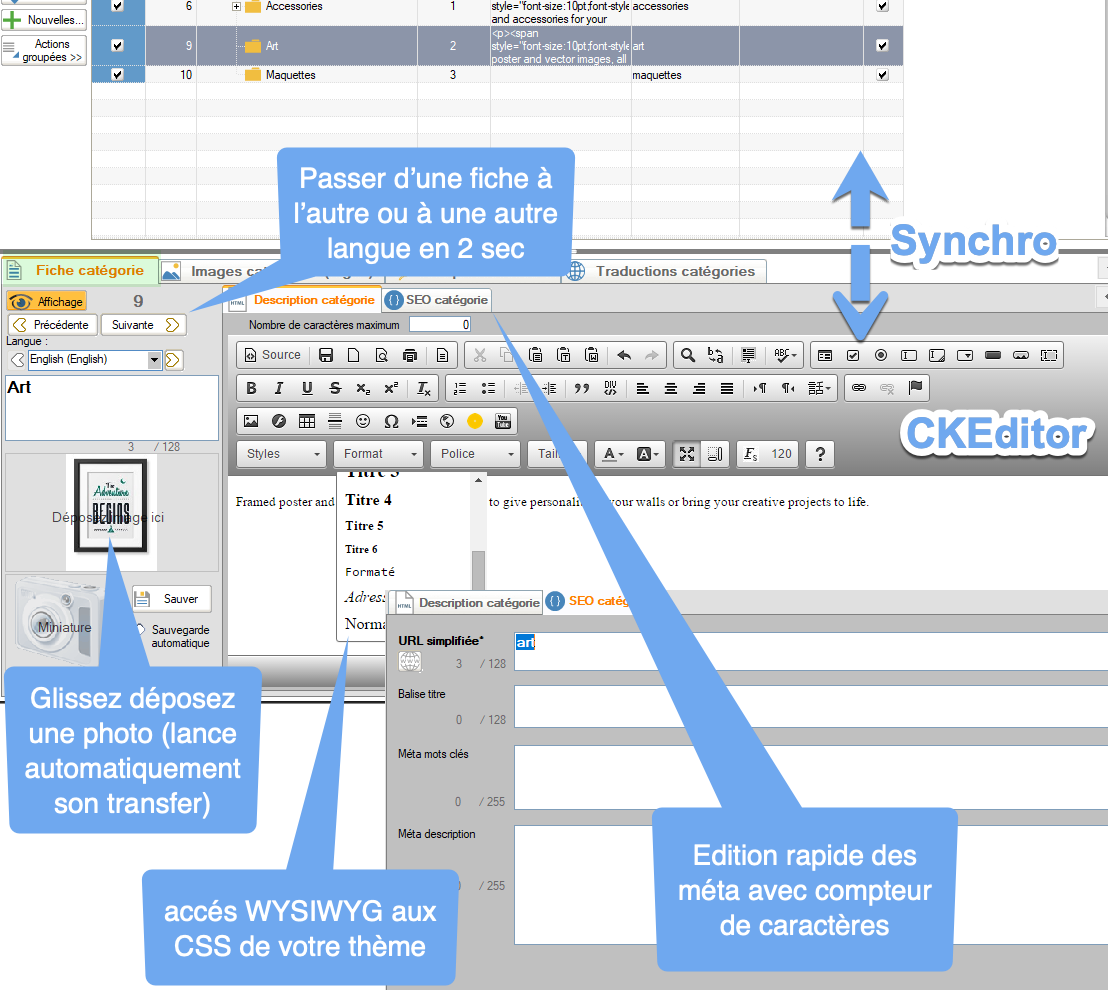 Edition des fiches catégories de PrestaShop 1.7