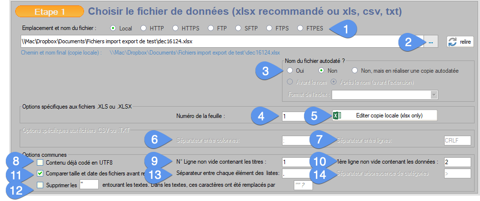 Première étape de l'import, paramétrage du format du fichier