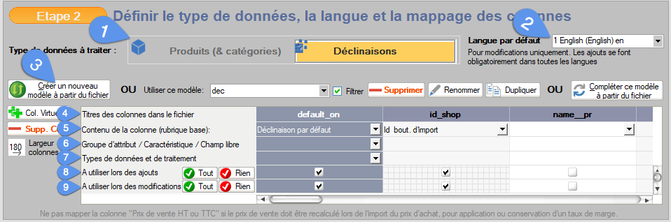 Modèle de mappage des colonnes à importer
